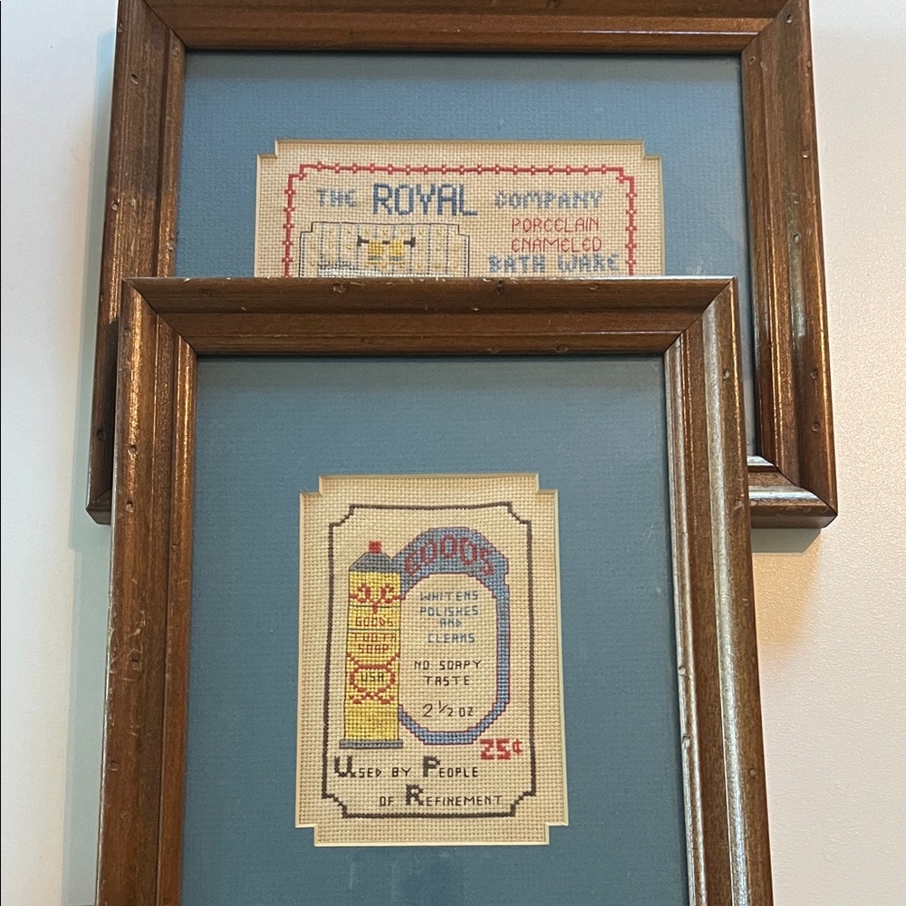 Framed Blue Matted Vintage Needlepoint Prints - Classic Home Accents